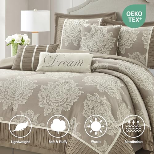 LANCO MODERN LIFESTYLE Beige King Size Comforter Set 7 Pieces, Jacquard Woven with Damask, Bedding Set in a Bag Includes Comforter, Bed Skirt, Pillow Shams, and Decorative Pillows LANCO MODERN LIFESTYLE