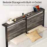 Rolanstar Full Size Bed Frame with Charging Station, LED Full Bed Frame with Wood Storage Headboard, Platform Bed with Metal Slats & Under Bed Storage, No Box Spring Needed, Noise Free, Deep Grey Rolanstar
