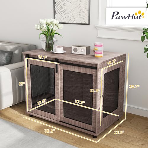 PawHut 39" Dog Crate Furniture, Dog Kennel Furniture End Table with Sliding Barn Door, Pet Cage Table for Large Breeds, Walnut Brown PawHut