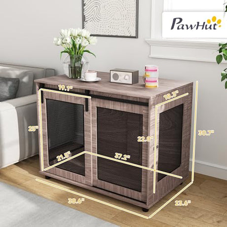 PawHut 39" Dog Crate Furniture, Dog Kennel Furniture End Table with Sliding Barn Door, Pet Cage Table for Large Breeds, Walnut Brown PawHut