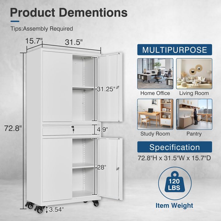 AFAIF White Metal Storage Cabinet with Wheels, 73" Tall Garage Rolling Storage Cabinet with Doors and Shelves, Lockable Tool Cabinet Steel Locking Cabinets for Home Office, Garage, Pantry