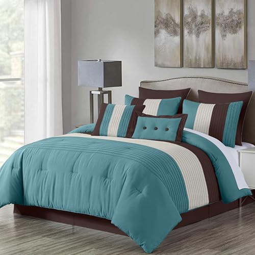Chezmoi Collection Loft 8-Piece Luxury Striped Comforter Set (King, Blue/Beige/Chocolate Brown) Chezmoi Collection