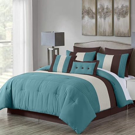 Chezmoi Collection Loft 8-Piece Luxury Striped Comforter Set (King, Blue/Beige/Chocolate Brown) Chezmoi Collection