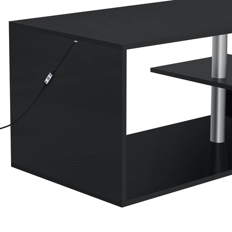 HOMMPA LED Coffee Tables for Living Room Modern Black Coffee Table with S-Shaped 3 Tiers Open Storage Shelf High Gloss Center Sofa Tea Table with LED Lights for Home Office Furniture Black 18" Tall HOMMPA