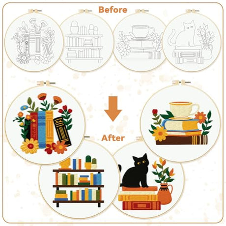 BEUNITONE Flower Embroidery Kit for Beginners 4 Pack Embroidery Starter Kit for Adult Cat Plant Books Pattern Stamped Cross Stitch Set with Instructions Embroidery Hoops Easy for DIY Craft 7.9'' BEUNITONE