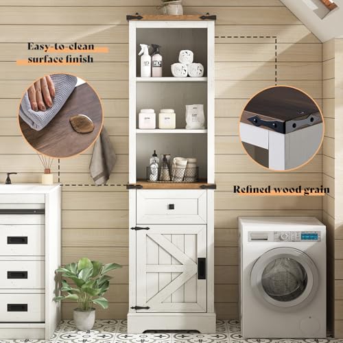 AMERLIFE 68" Tall Farmhouse Slim Storage Cabinet with Adjustable Shelves and Drawer in Antique White & Barnwood AMERLIFE