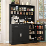 Tall Pantry Cabinet, Modern Kitchen Hutch with Microwave Stand, Kitchen Pantry Storage Cabinet with 2 Darwers & Door Shelf, Food Pantry with Goblet Holders & Adjustable Shelves for Dining Room, Black Gyfimoie