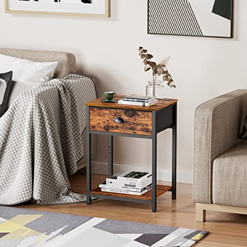Furologee End Table with Storage Shelf and Fabric Drawer, 2 Tiers Industrial Nightstand, Bedside Table Organizer, 23.6 Inch Tall Side Table for Living Room Bedroom, Rustic Brown, Easy Assembly