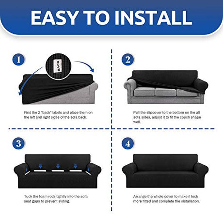 KEKUOU Stretch Sofa Cover Slipcover ，Couch Covers for 3 Cushion Couch Sofa pet Friendly (78"-94") Furniture Protector Sofa with Elastic Bottom for Kids,Dog, Jacquard Small Checked(Large,Black) KEKUOU