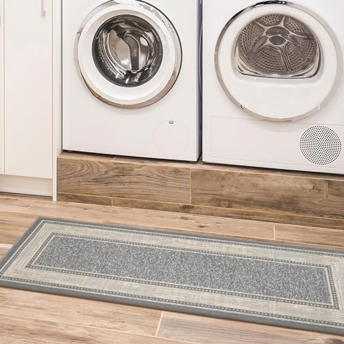 Machine Washable Bordered Design Non-Slip Rubberback 3x10 Traditional Runner Rug for Hallway, Kitchen, Bedroom, Living Room, 2'7" x 9'10", Light Gray Ottomanson
