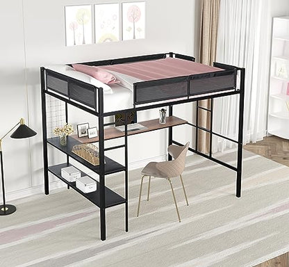 Adigyco Sturdy Metal Loft Bed with Built-in Desk, Shelves & Textilene Guardrails - Black - WoodArtSupply