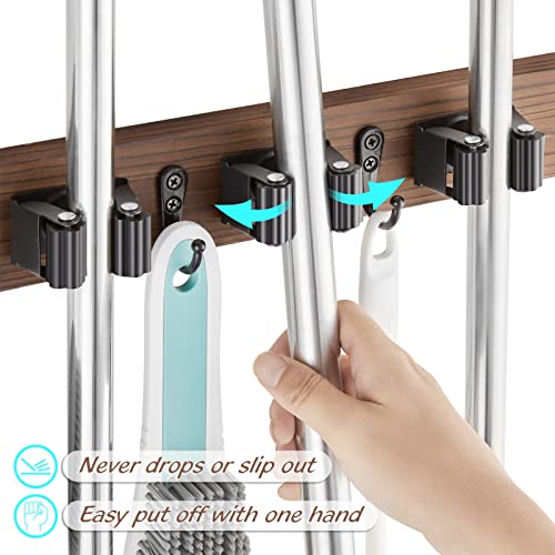 OUTNILI Mop Broom Holder Wall Mount Wood Broom Mop Hanger - Wall Mounted Garden Tool Rack Organizer for Closet Garage Laundry Room Kitchen Decor With 4 Slots & 4 Hooks OUTNILI