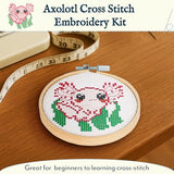 GAMAGO Axolotl Stamped Cross Stitch Kit for Beginners – Pre-Printed DIY Embroidery Craft Set with Hoop, Fabric, Floss, Needles & Instructions – Cute Animal Needlework Kit for Teens & Adults