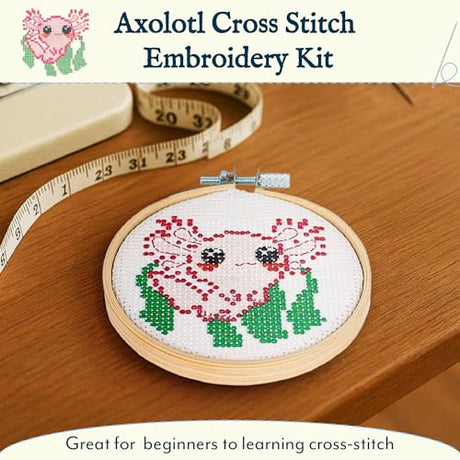 GAMAGO Axolotl Stamped Cross Stitch Kit for Beginners – Pre-Printed DIY Embroidery Craft Set with Hoop, Fabric, Floss, Needles & Instructions – Cute Animal Needlework Kit for Teens & Adults GAMAGO