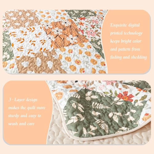 Whale Flotilla Patchwork Quilt Twin Size, Extra Soft Boho Floral Bedspreads for Bed Reversible Lightweight Twin Quilt Bedding Set Printed Coverlets with 1 Pillow Sham for All Seasons, Orange Whale Flotilla