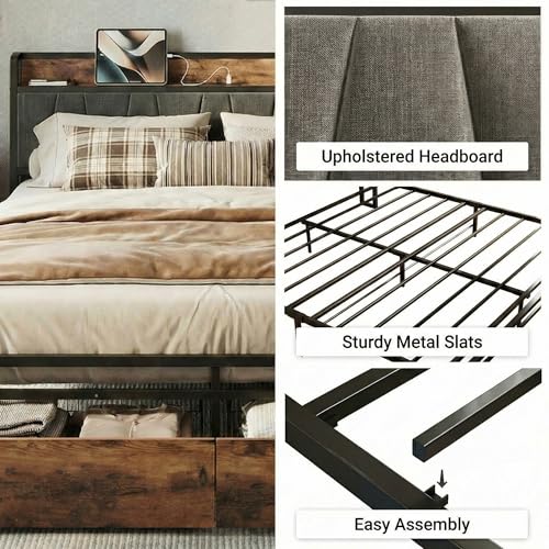 LIKIMIO King Size Bed Frame, Storage Headboard with Charging Station, Platform Bed with Drawers, No Box Spring Needed, Easy Assembly, Industrial Brown and Gray LIKIMIO