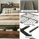 LIKIMIO King Size Bed Frame, Storage Headboard with Charging Station, Platform Bed with Drawers, No Box Spring Needed, Easy Assembly, Industrial Brown and Gray LIKIMIO