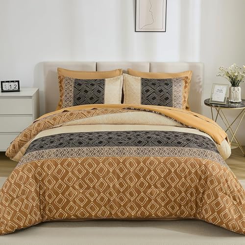 Dinjoy Brown King Size Comforter Set,Striped Bed in a Bag King 7 Pieces Soft Boho Bedding Comforters Sets Microfiber Bed Complete Set with Sheets for Fall Winter Dinjoy