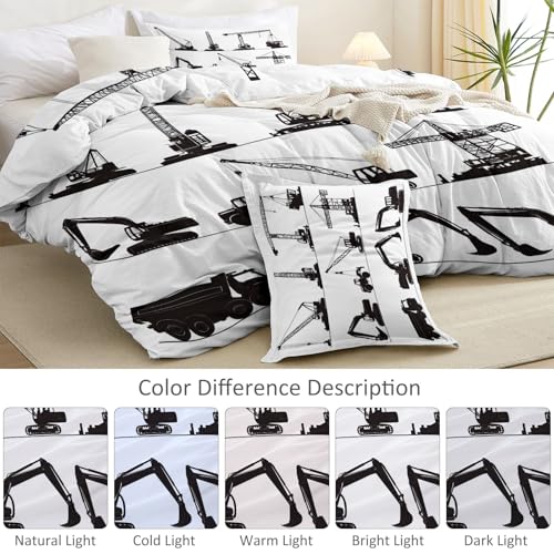 Single 61" x 79" Bedding Duvet Cover Set - White and Black Modern Construction Vehicle Minimalist Printed 3 Piece Brushed Microfiber Comforter Quilt Cover with Zipper Closure for Men and Women Generic