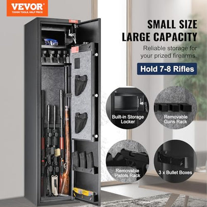 VEVOR 7-8 Rifles Gun Safe, Rifle Safe with Digital Keypad & Lock, Gun Storage Cabinet with Built-in Storage Locker, Removable Storage Shelf for Home Long Gun and Pistols