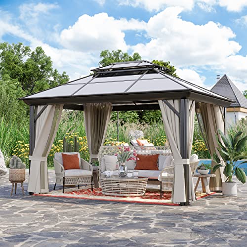 GAZEBEST 10' X 13' Permanent Hardtop Gazebo, Outdoor Polycarbonate Double Roof Pavilion Pergola Canopy with Aluminum Frame and Privacy Curtains for Patio, Garden, Backyard, Lawn - WoodArtSupply