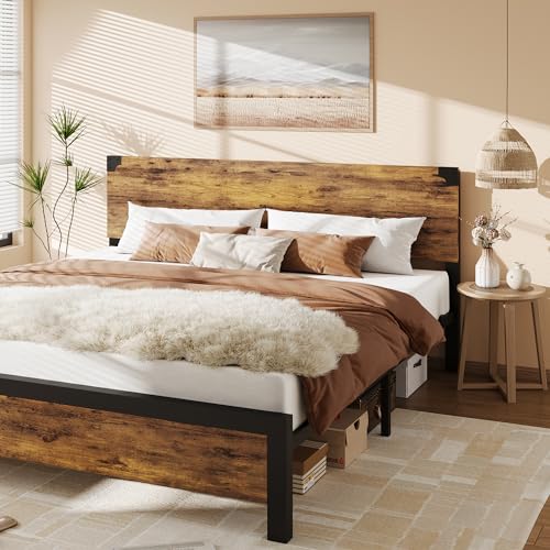 GAOMON King Bed Frame with Vintage Wood Headboard and Under-Bed Storage - Durable, Noise-Free Design - WoodArtSupply