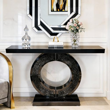 KEIKI Modern Mirrored Console Table with Crystal O-Shaped Base, 43" Luxury Glass Entryway Sofa Table, Rectangular Accent Foyer Table for Living Room Foyer Hallway Entrance, Black KEIKI