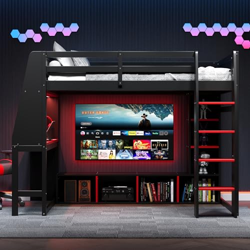 SOFTSEA Twin Size Gaming Loft Bed with Desk, Solid Wood Loft Bed with Wardrobe and Storage Shelves, Gaming Loft Bed Frame with LED Lights for Kids Teens Adults, Black & Red SOFTSEA