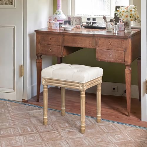 LUE BONA Upholstered Fabric Vanity Bench Seat, Makeup Stools for Vanity, Square Tufted Ottoman Bench with Carved Wood Color Legs for Bedroom Living Room, Beige LUE BONA