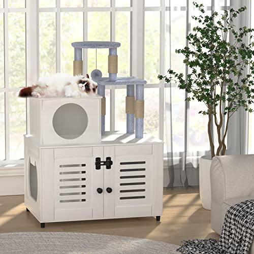 EasyCom Litter Box Enclosure, Hidden Cat Tree Tower Furniture for Indoor House, All-in-one Wooden Cat Litter Cabinet with Scratching Post and Condo, White - WoodArtSupply