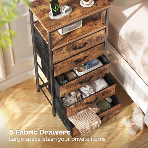 Huuger 5 Drawers Dresser with Charging Station, Set of 2, Dresser for Bedroom, Tall Night Stand, Chest of Drawers with Open Shelf, Bedside Table Nightstand, Fabric Dresser, Rustic Brown Huuger