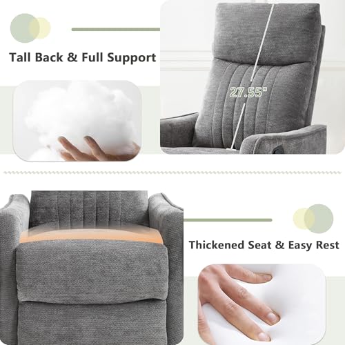 cinkehome Heated Massage Swivel Rocker Recliner Chair for Nursery - Small Space Reclining Chair with Lumbar Support, 360° Swivel & Gentle Rocking, Ergonomic High Back Chenille Fabric Gray