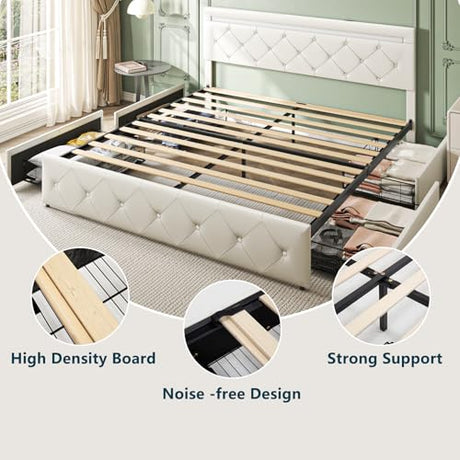 Forrise Bed Frame Full Size with LED Light and Storage Drawers, Adjustable Headboard with PU Leather Upholstered, 2 Sockets and 2 USB Ports, No Box Spring Needed,Wooden Slats Support, White. Forrise
