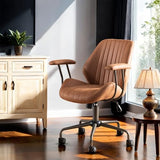 Mid Back Home Office Chair, Mid Century Modern Executive Chair, Comfy Ergonomic Rolling Office Desk Chair with Lumbar Support, Brown Faux Leather Office Chair, Brown weaxty W