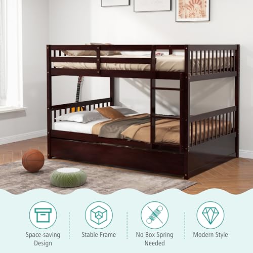 Giantex Espresso Full Over Full Bunk Bed with Trundle & Guardrails, Convertible Design for Kids and Adults Giantex