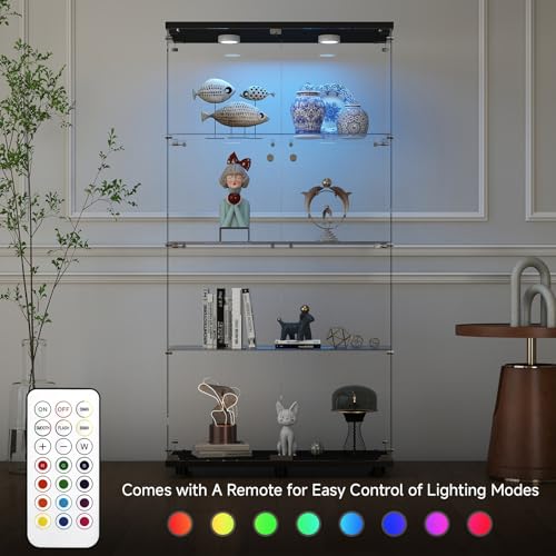 Zevemomo Tempered Glass Display Cabinet with Lights, 4-Tier Curio Cabinet with Glass Doors and Lock, Glass Display Case for Collectibles, for Living Room, Bedroom, Office, Black, Double Door Zevemomo