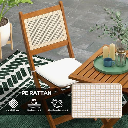 Outsunny 3 Pieces Patio Bistro Set Foldable Wooden PE Rattan Conversation Furniture Outdoor with Cushions, for Porch, Backyard, Garden, Light Teak Outsunny