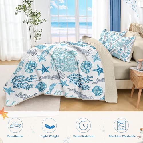 Pamnest Quilt Set Twin Size, Ocean Beach Nature 2 Pcs Soft Bed Cover Bedding Set, Sea Animal Coastal Lightweight Bedspread Coverlet with Pillow Sham for All Season Pamnest