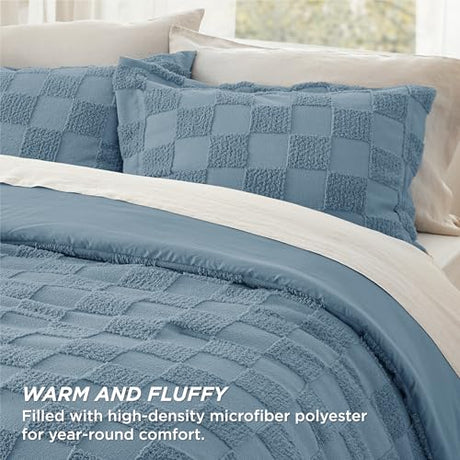 Bedsure King Size Comforter Set Mineral Blue, Boho Tufted Bed Set, Checkered Farmhouse Shabby Chic Bedding, 3 Pieces, 1 Plaid Geometric Comforter and 2 Pillow Shams Bedsure