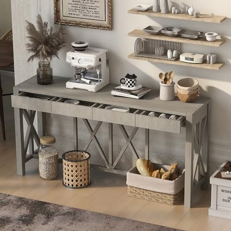 60'' Long Console Table with 4 Spacious Drawers,Modern Crisscross Design Entryway Table with Open Bottom Storage,Farmhouse Sofa Tables for Living Room,Kitchen,Dining Room,Hallway,Grey JIJIWANG