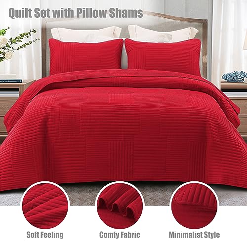 Whale Flotilla Ultra Soft King Quilt Bedding Set, Lightweight Microfiber Red Quilts Bedspreads Oversized, 3 Piece Ultrasonic Geometric Coverlet Bed Cover for All Seasons