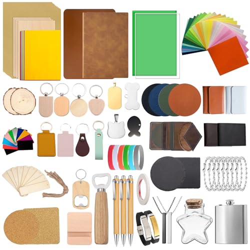 144 PCS Laser Engraving Material Kit, 29 Kinds of Laser Engraving Supplies Including Acrylic, Wood, PU Leather, Glass, Metal, Rock, Fabric, Rubber Materials for Laser Cutter Engraver Mossaestheticoy