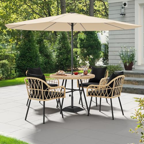 YITAHOME Round Patio 36.6'' Dining Wood Table for 4-Person w/1.96" Umbrella Hole, Rattan Wrapped Tabletop and Sturdy Iron Frame Perfect for Lawn Backyard Garden