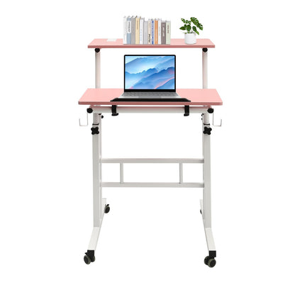 Upyouths Mobile Stand up Desk with USB Interfaces&Socket, Adjustable Standing Desk with Wheels Home Office Workstation, Sit Stand Desk Rolling Desk Laptop Cart for Standing or Sitting (Pink)