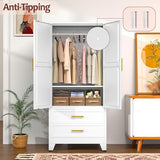 Metal Wardrobe Closet with 2 Doors & 2 Drawers, 71" Tall Armoire Wardrobe Closet with Hanging Rods and Adjustable Shelf, Steel Wardrobe Storage Cabinet for Bedroom-White winiowa
