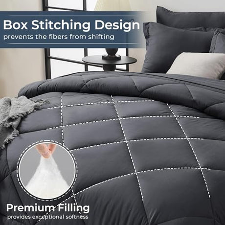 HEVUMYI Twin Comforter Set - 5-Piece All Season Bed in a Bag Twin, Ultra Soft Bedding Set with Comforter, Flat Sheet, Fitted Sheet, Pillowcases, Pillow Shams, Dark Grey HEVUMYI