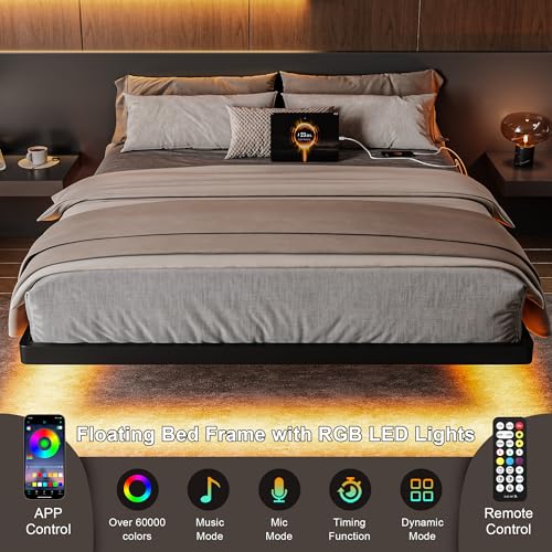 Feonase Queen Floating Bed Frame with Charging Station and Led Lights, Metal Bed Frame with Heavy Duty Steel Slats Supports, No Box Spring Needed, Easy Assembly, Noise Free, Black Feonase