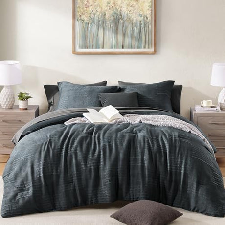 MaiRêve Queen Comforter Set Blue Grey, Textured Design Crinkle Bedding Sets 7 Pieces, All Season Bed in A Bag with Comforter, Sheets, Pillowcases & Shams MaiRêve
