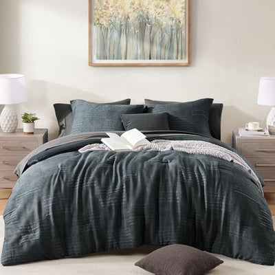 MaiRêve Queen Comforter Set Blue Grey, Textured Design Crinkle Bedding Sets 7 Pieces, All Season Bed in A Bag with Comforter, Sheets, Pillowcases & Shams