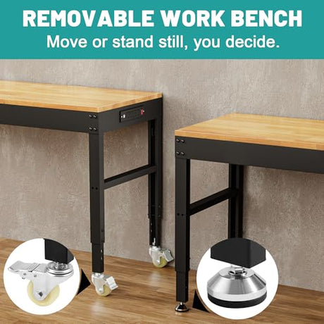 48" Heavy Duty Workbench, Solid Wood Working Bench Adjustable Height Rolling Work Tables with Power Outlets for Home Office, 1800 Lbs Capacity (Metal Wheels丨Rubber Pad丨48 x24 丨Socket) Hombanyan